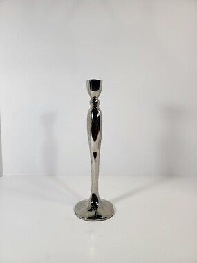 Vintage Modernist Silver Taper‎ Candlestick, 10" Sculptural Metal Candle Holder